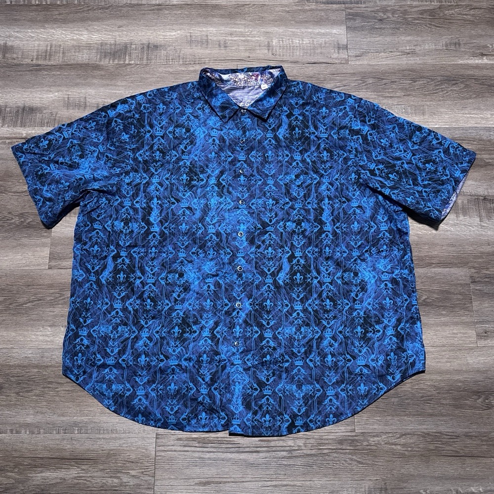 Robert Graham Blue Skull Crown Short Sleeve Shirt Men's Size 3XL All Over Print